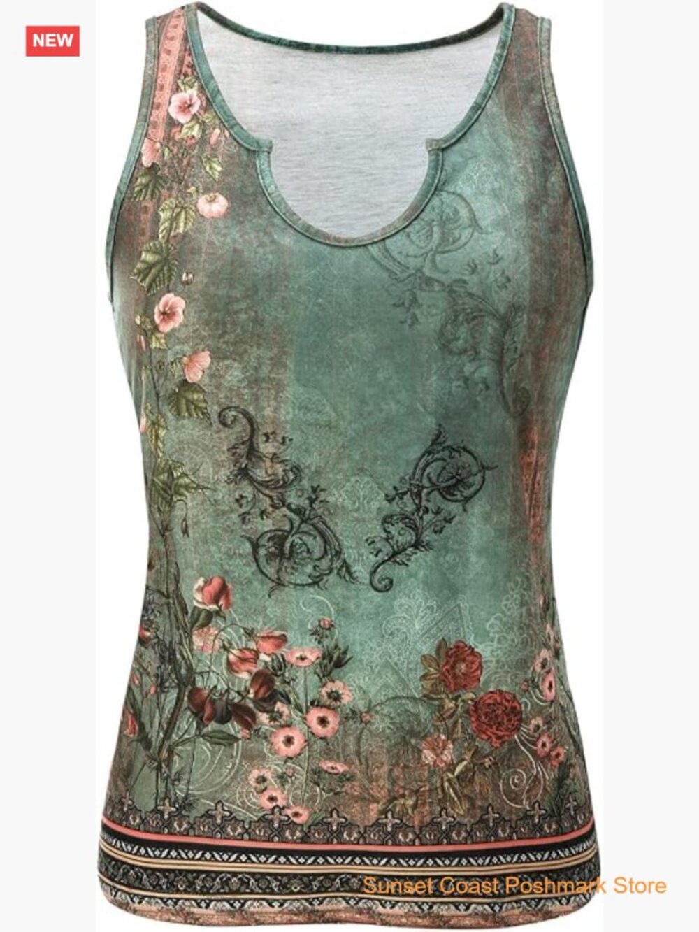 Vintage Floral Print Tank Top Notch Neck Boho Summer Top